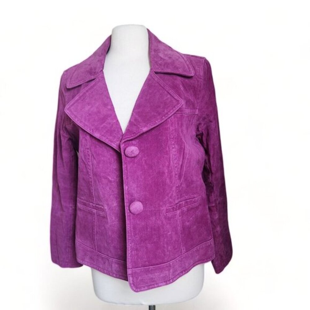 Chico's Suede Leather Jacket Womens 2 US 12‎ Large Two Button Coat Purple